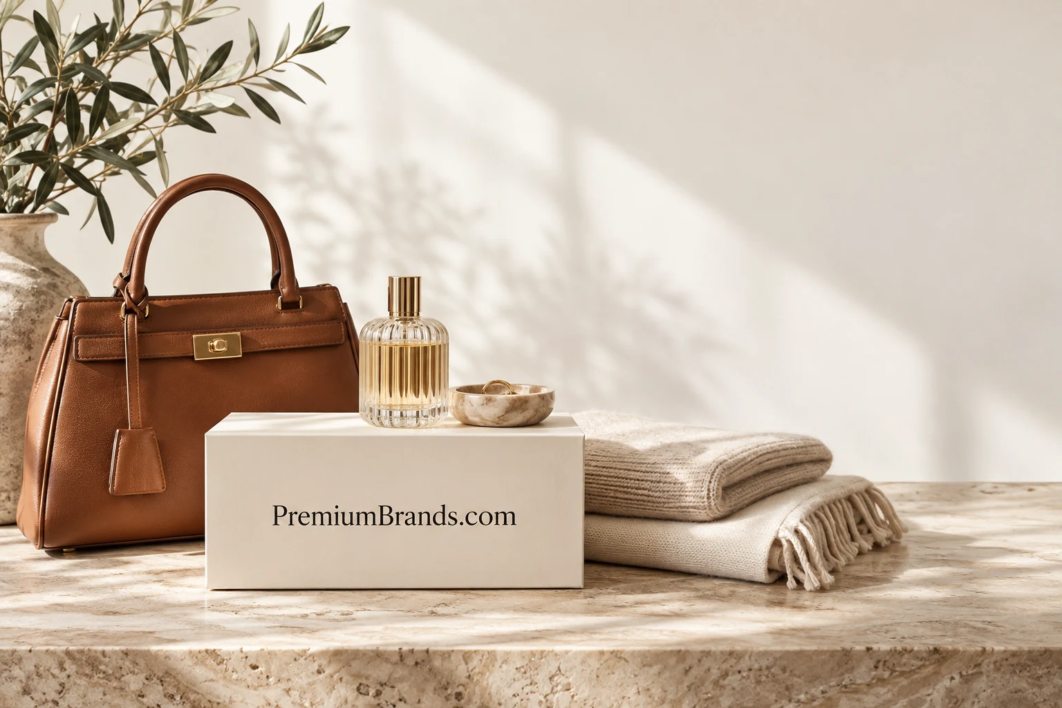 Considered leather, glass and textile products with PremiumBrands.com lettering